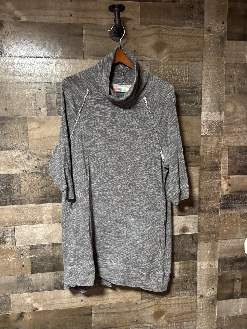 FP Beach Cozy Gray Mini Dress with Cowl Neck 3/4 Sleeves Pockets 100% Cotton M/L